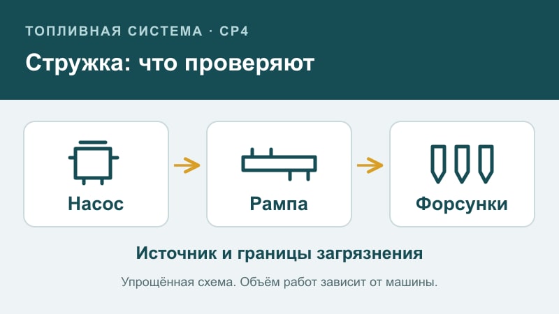 Упрощённая схема проверки насоса, рампы и форсунок при стружке в системе с CP4